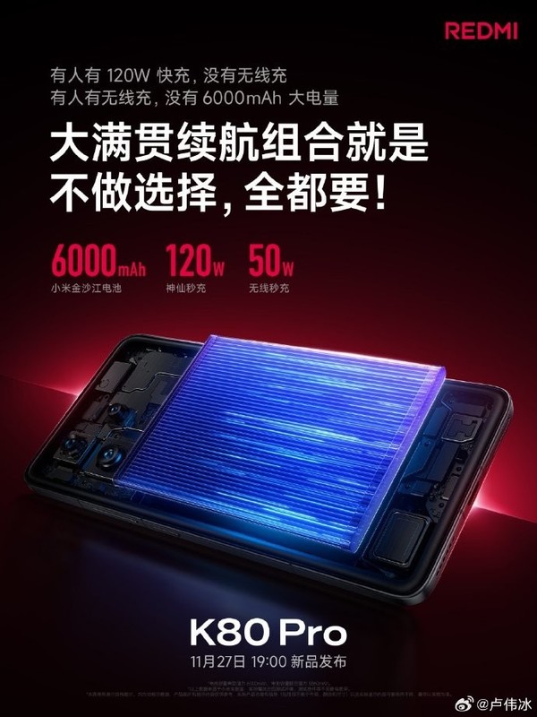 「REDMI K80 Pro」REDMI K80 Pro支持50W无线充 还有6000mAh+120W快充