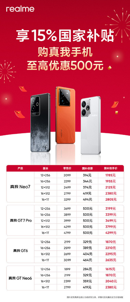 「真我手机」真我公布多款机型国补后价格 7000mAh手机仅1800元