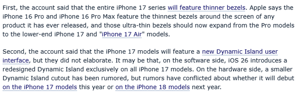「苹果手机」消息称iPhone 17全系将升级屏幕设计 配备更窄边框
